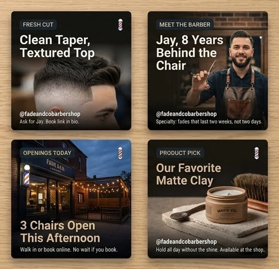 Four sample social posts for Fade and Co. Barbershop