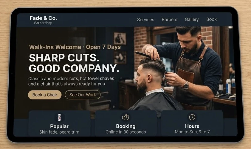 Sample homepage for Fade and Co. Barbershop, a made-up personal services business