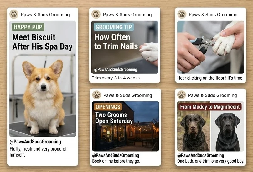 Four sample social posts for Paws and Suds Grooming