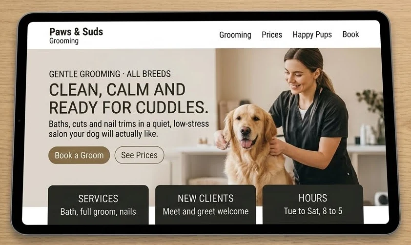 Sample homepage for Paws and Suds Grooming, a made-up pet services business