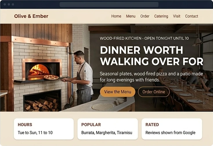 Sample homepage for Olive and Ember, a made-up restaurants and cafes business