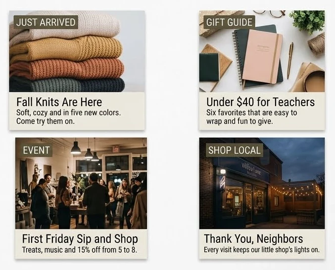 Four sample social posts for Willow Lane Boutique