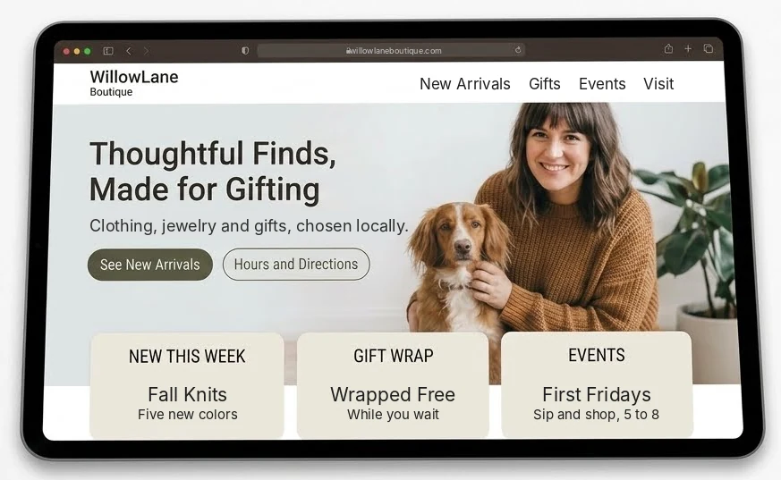 Sample homepage for Willow Lane Boutique, a made-up independent shops business