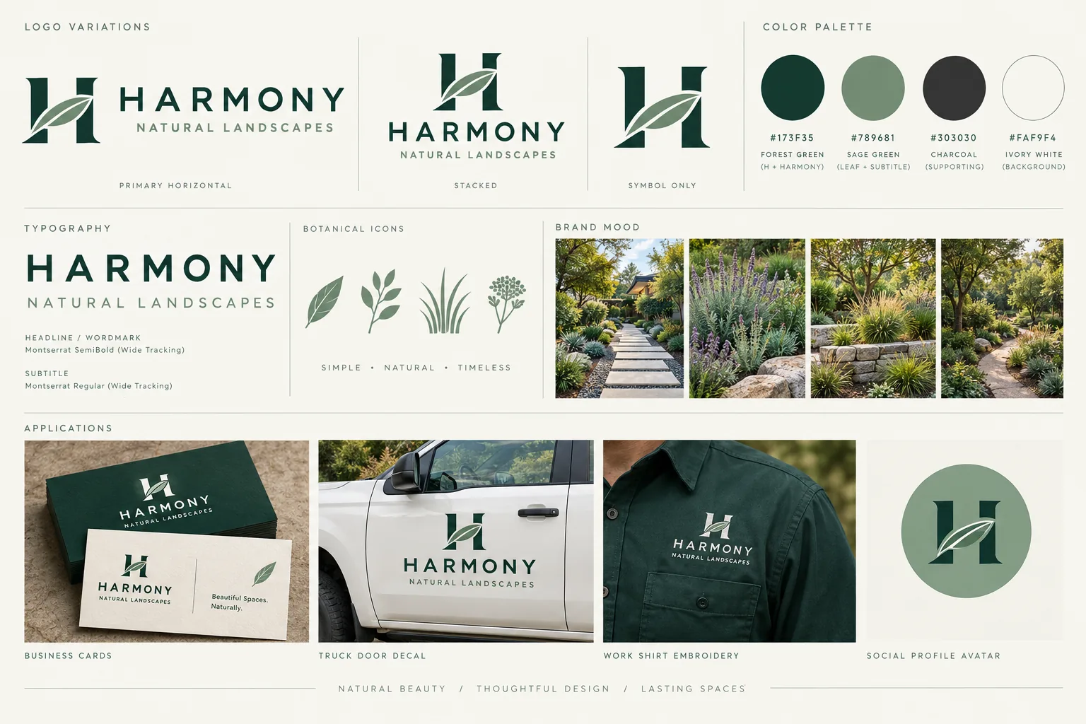 Harmony Natural Landscapes brand kit with logo versions, color palette, fonts, icons and the logo on business cards, a truck and a work shirt