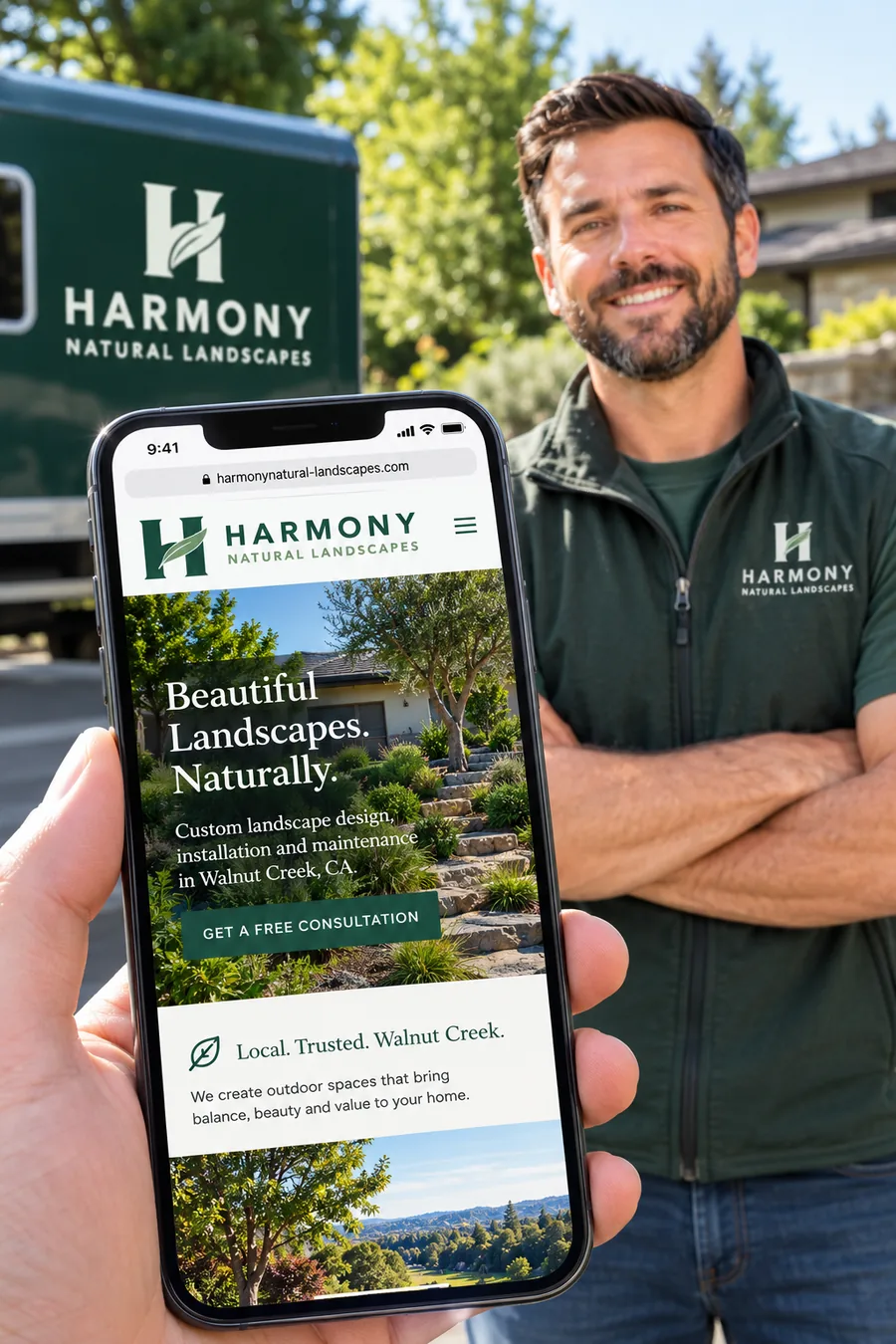 The new Harmony Natural Landscapes website on a phone, with the owner and his branded truck behind it